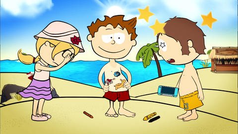 Der kleine Philosoph Knietzsche steht mit zwei Freunden am Strand. Er hat sich Tattoos auf den Bauch gemalt.