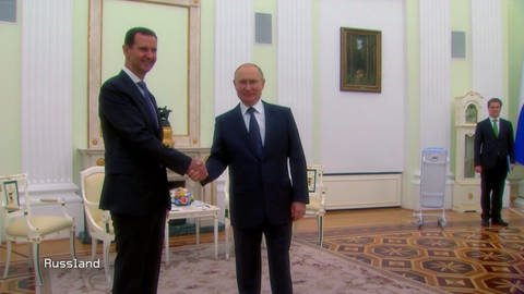 Assad und Putin schütteln sich in einem großen Saal die Hände und lächeln dabei in die Kamera
